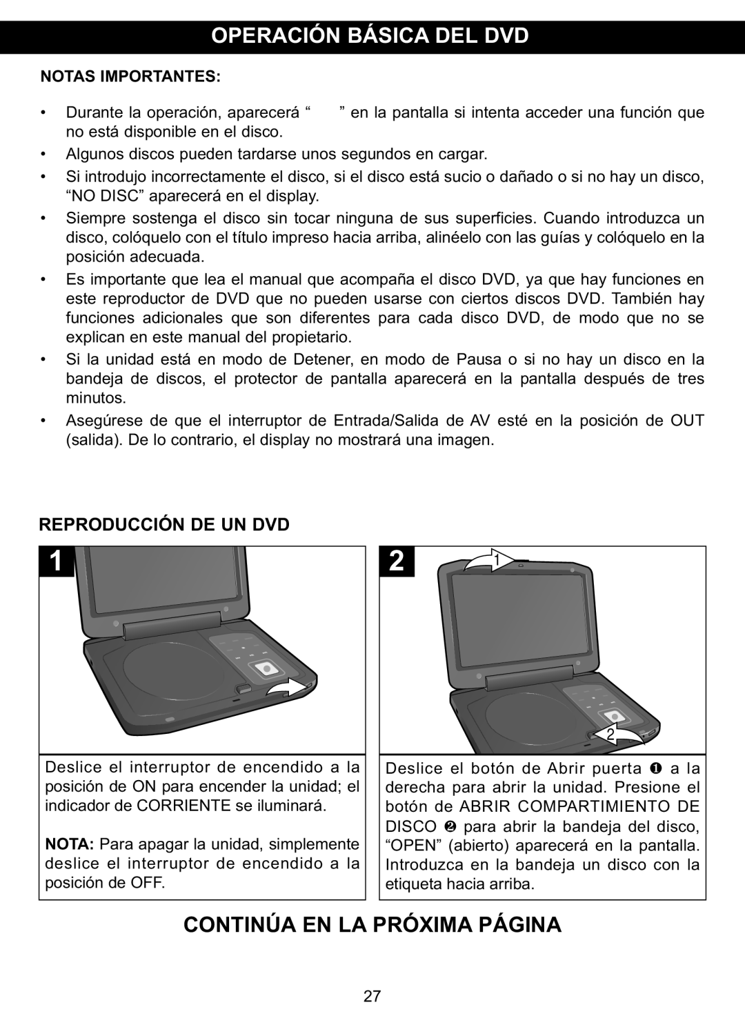 Memorex MVDP1102 manual Operación Básica DEL DVD, Continúa EN LA Próxima Página, Reproducción DE UN DVD, Notas Importantes 