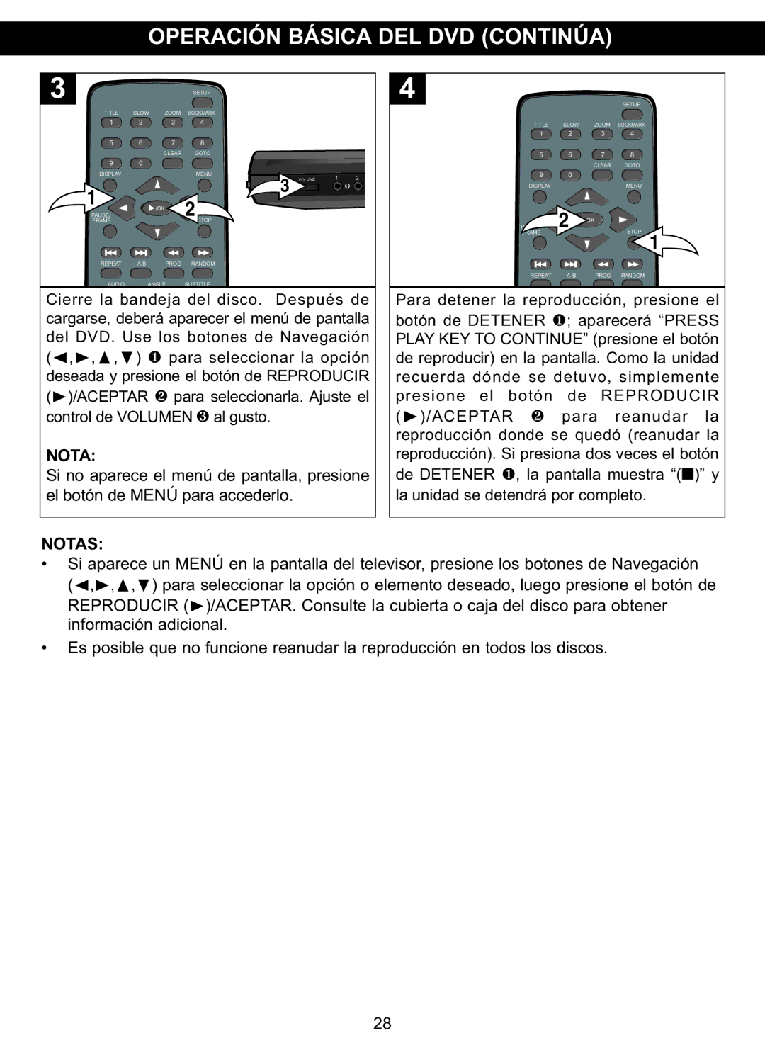 Memorex MVDP1102 manual Operación Básica DEL DVD Continúa, √,,π,† 