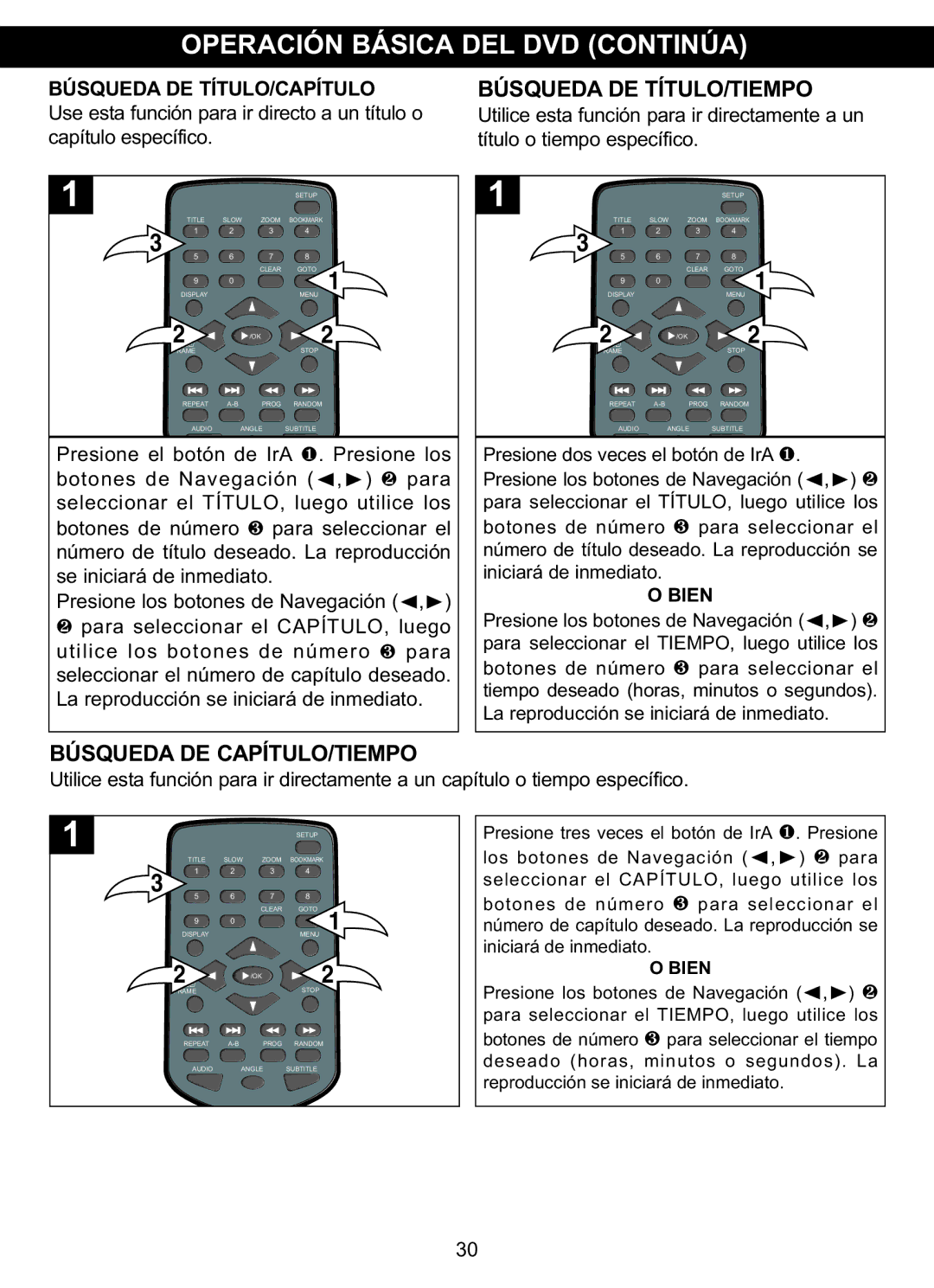 Memorex MVDP1102 Búsqueda DE TÍTULO/TIEMPO, Búsqueda DE CAPÍTULO/TIEMPO, Use esta función para ir directo a un título o 