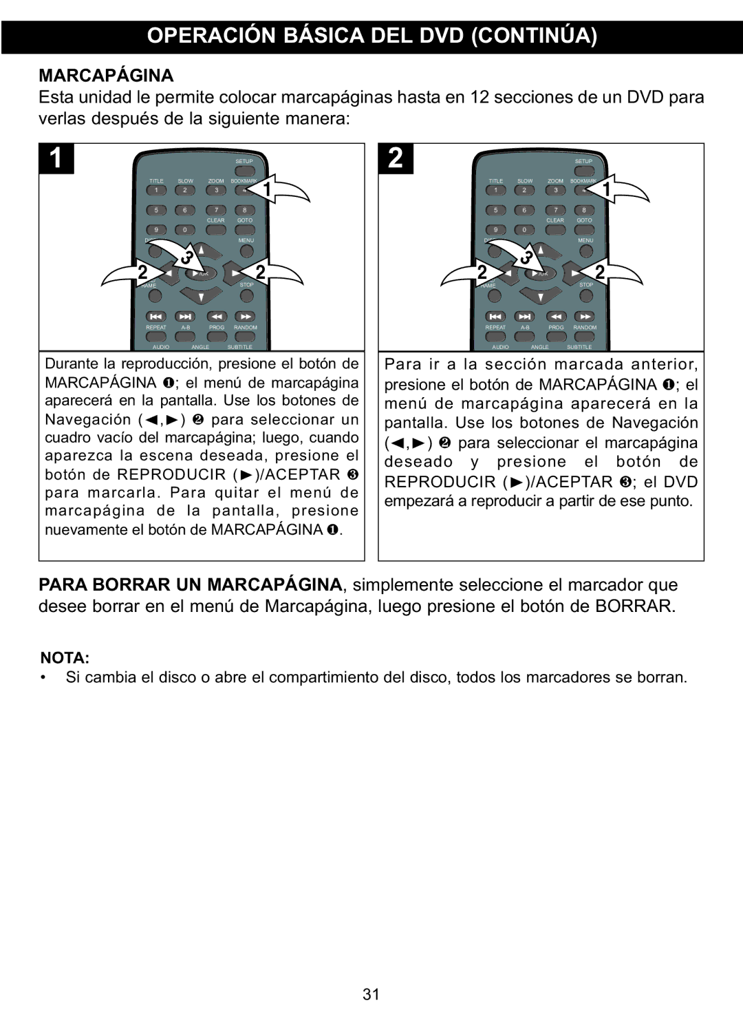 Memorex MVDP1102 manual Marcapágina 