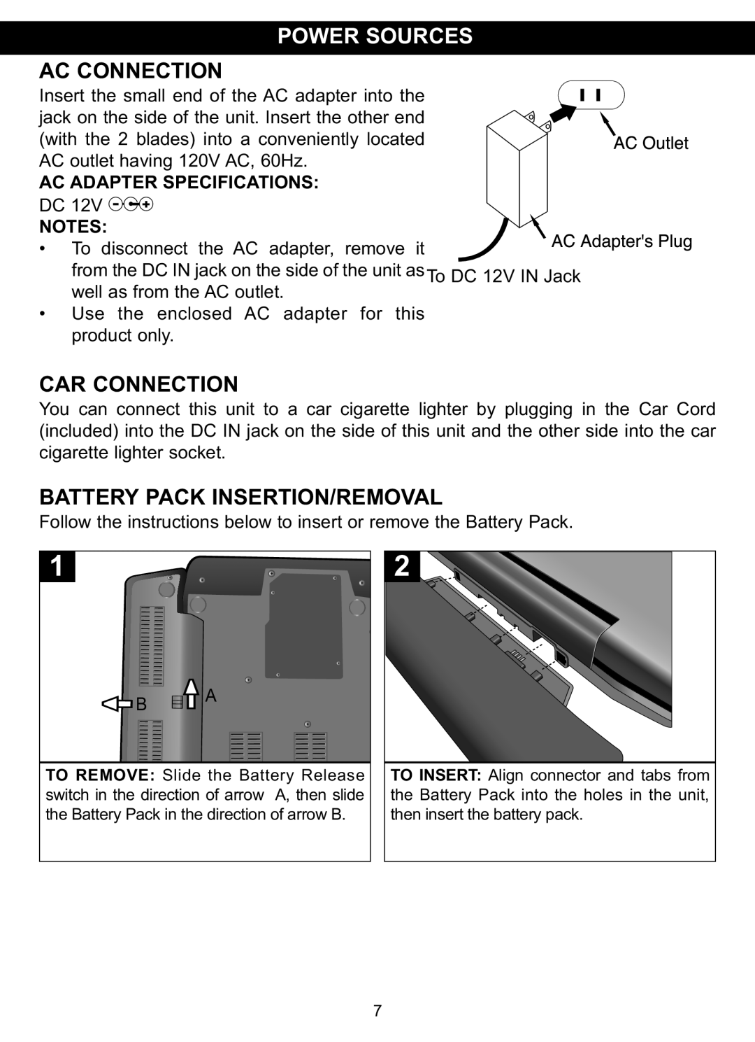 Memorex MVDP1102 manual AC Connection, CAR Connection, Battery Pack INSERTION/REMOVAL, AC Adapter Specifications 