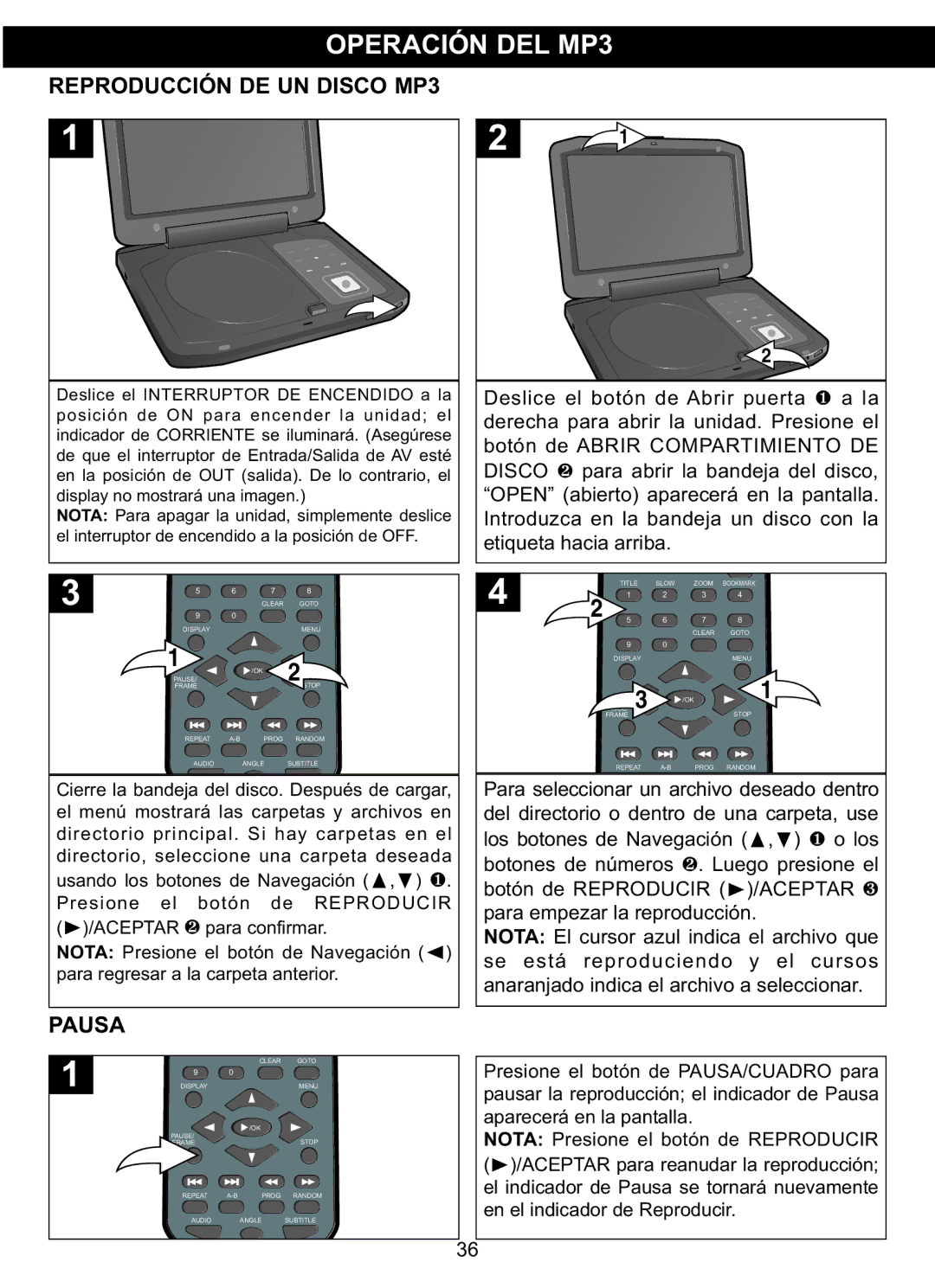 Memorex MVDP1102 manual Operación DEL MP3, Reproducción DE UN Disco MP3, Pausa 