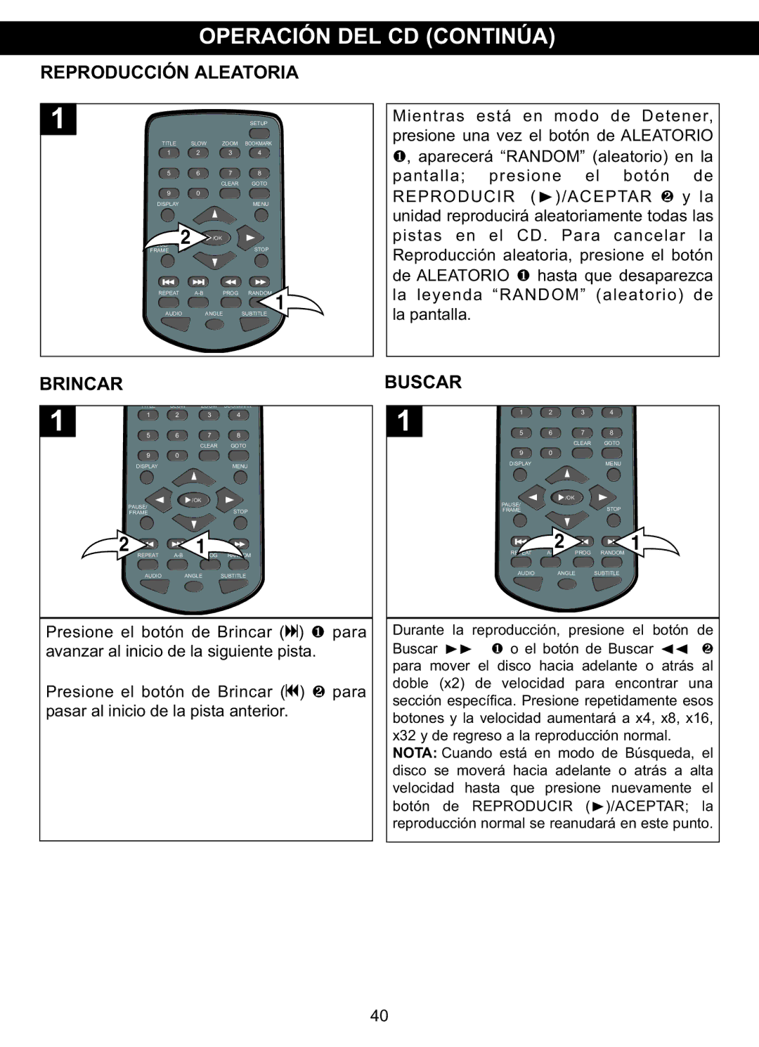 Memorex MVDP1102 manual Operación DEL CD Continúa 