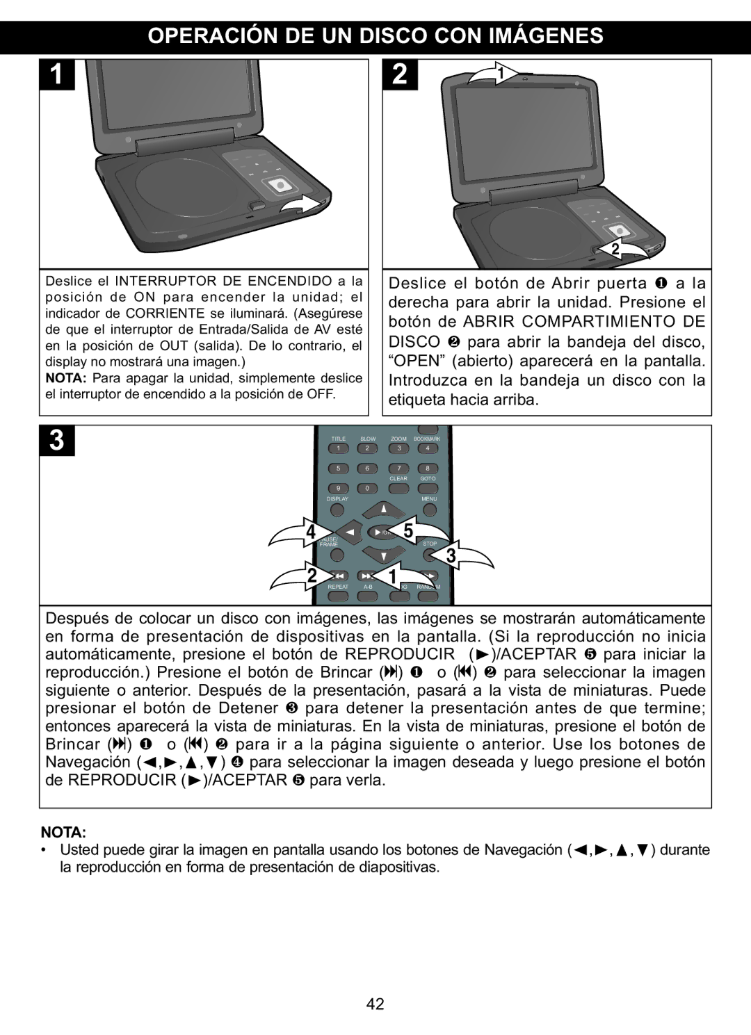 Memorex MVDP1102 manual Operación DE UN Disco CON Imágenes, Disco 2 para abrir la bandeja del disco, Etiqueta hacia arriba 