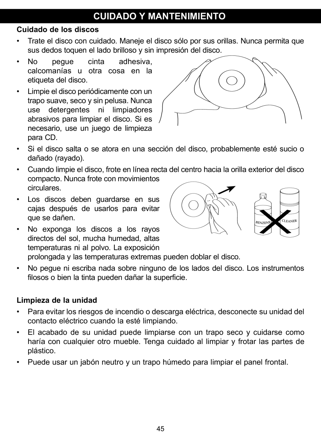 Memorex MVDP1102 manual Cuidado Y Mantenimiento, Cuidado de los discos 