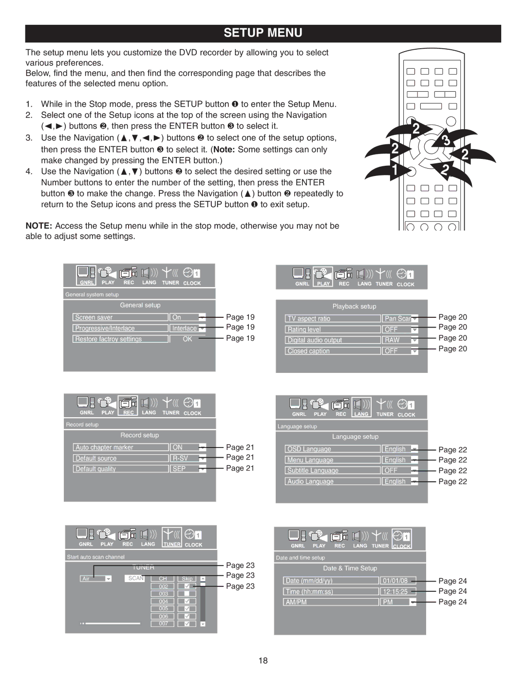 Memorex MVDR2100 manual Setup Menu, Audio Language English 