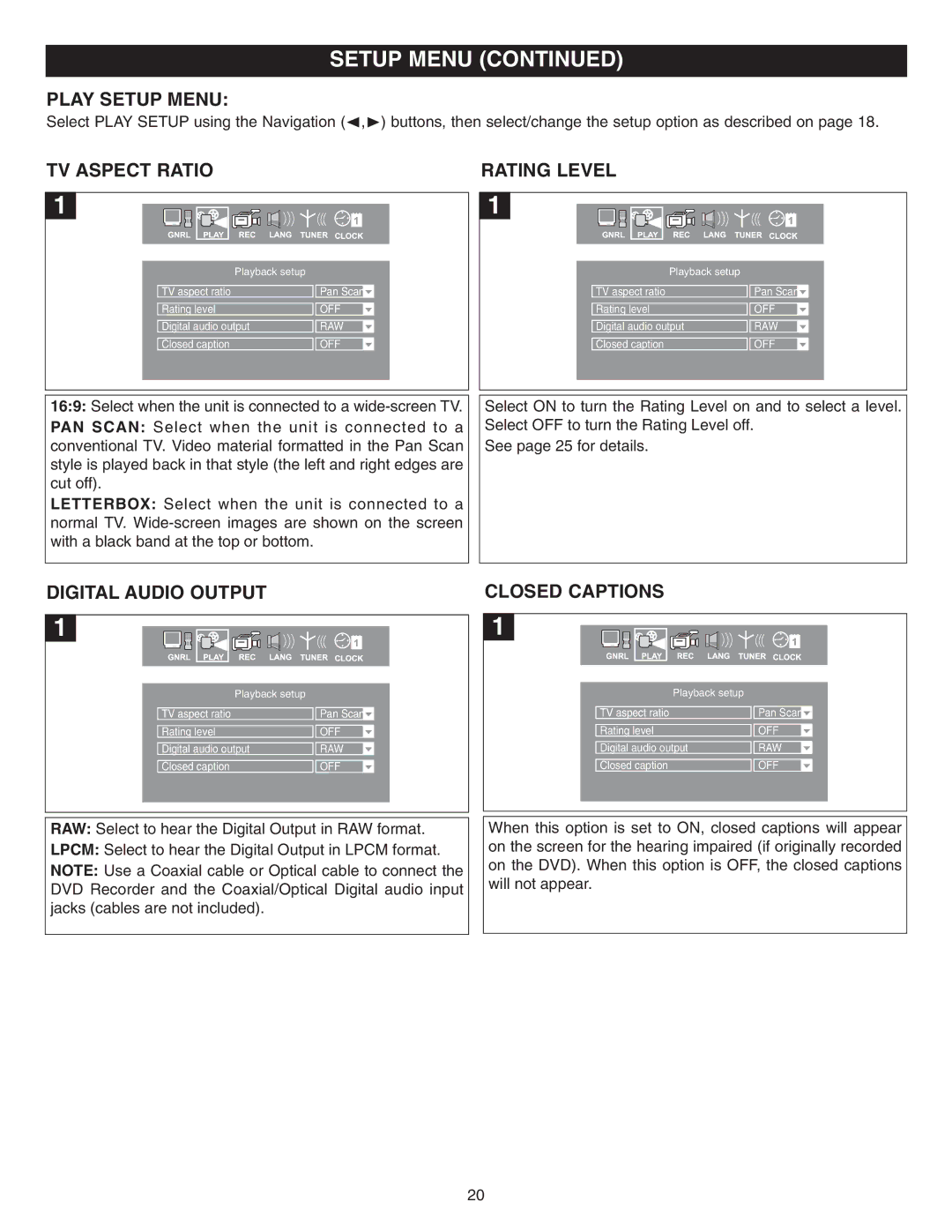 Memorex MVDR2100 manual Play Setup Menu, TV Aspect Ratio, Digital Audio Output Closed Captions 