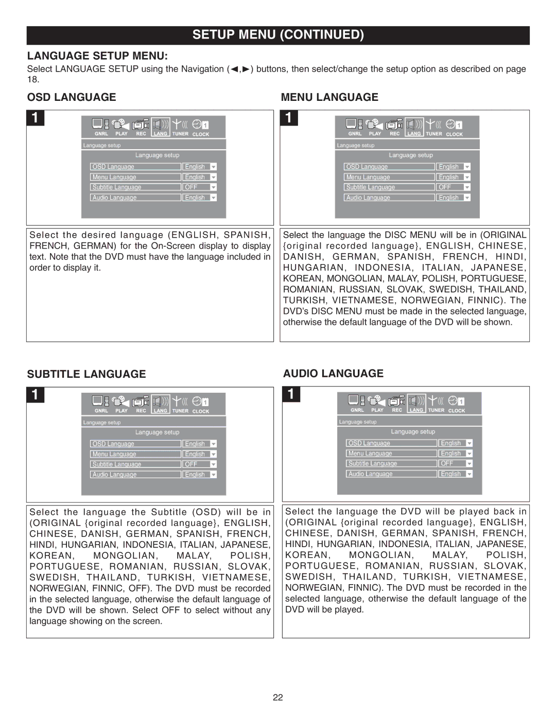 Memorex MVDR2100 manual Language Setup Menu, OSD Language Menu Language, Subtitle Language Audio Language 