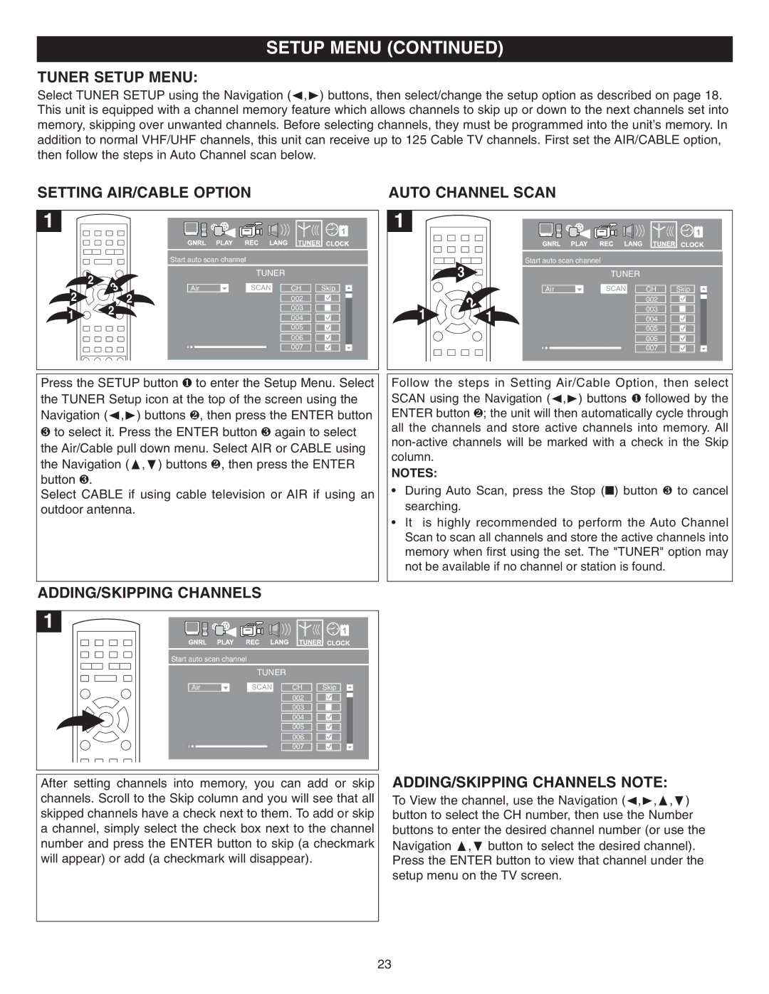 Memorex MVDR2100 manual Tuner Setup Menu, Setting AIR/CABLE Option, ADDING/SKIPPING Channels Note 