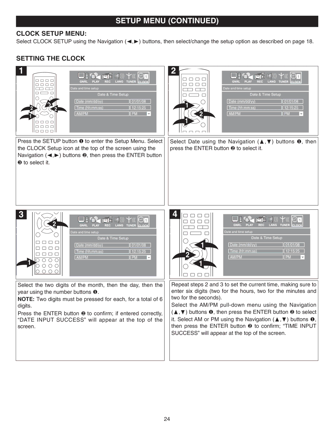 Memorex MVDR2100 manual Clock Setup Menu, Setting the Clock 