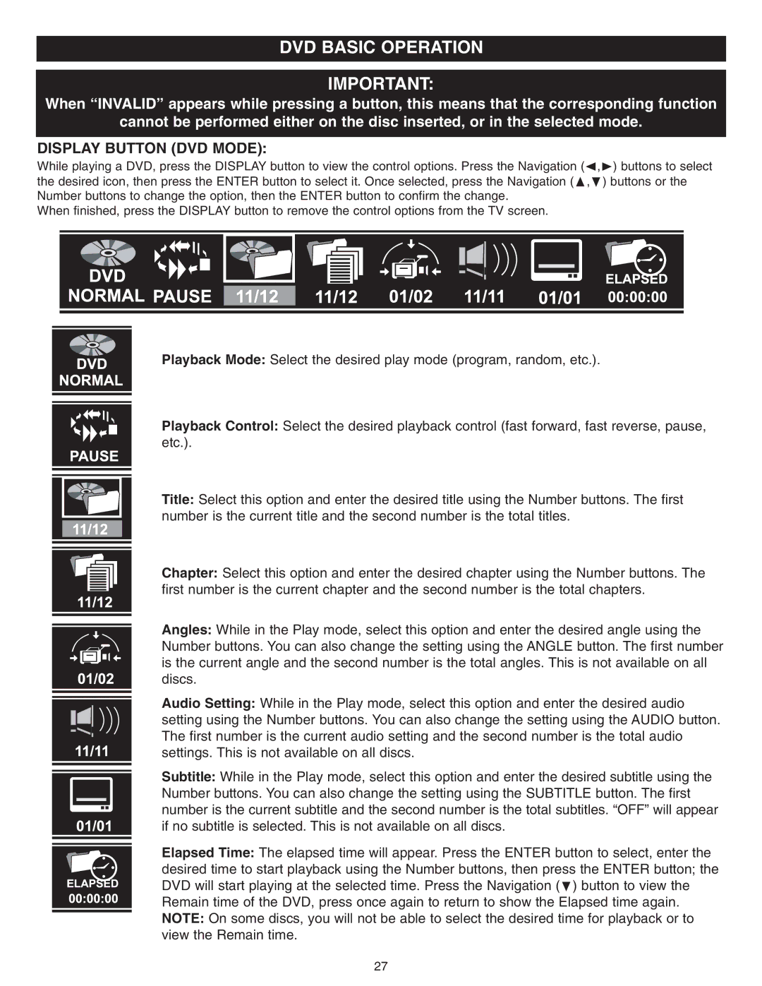 Memorex MVDR2100 manual DVD Basic Operation, Display Button DVD Mode 