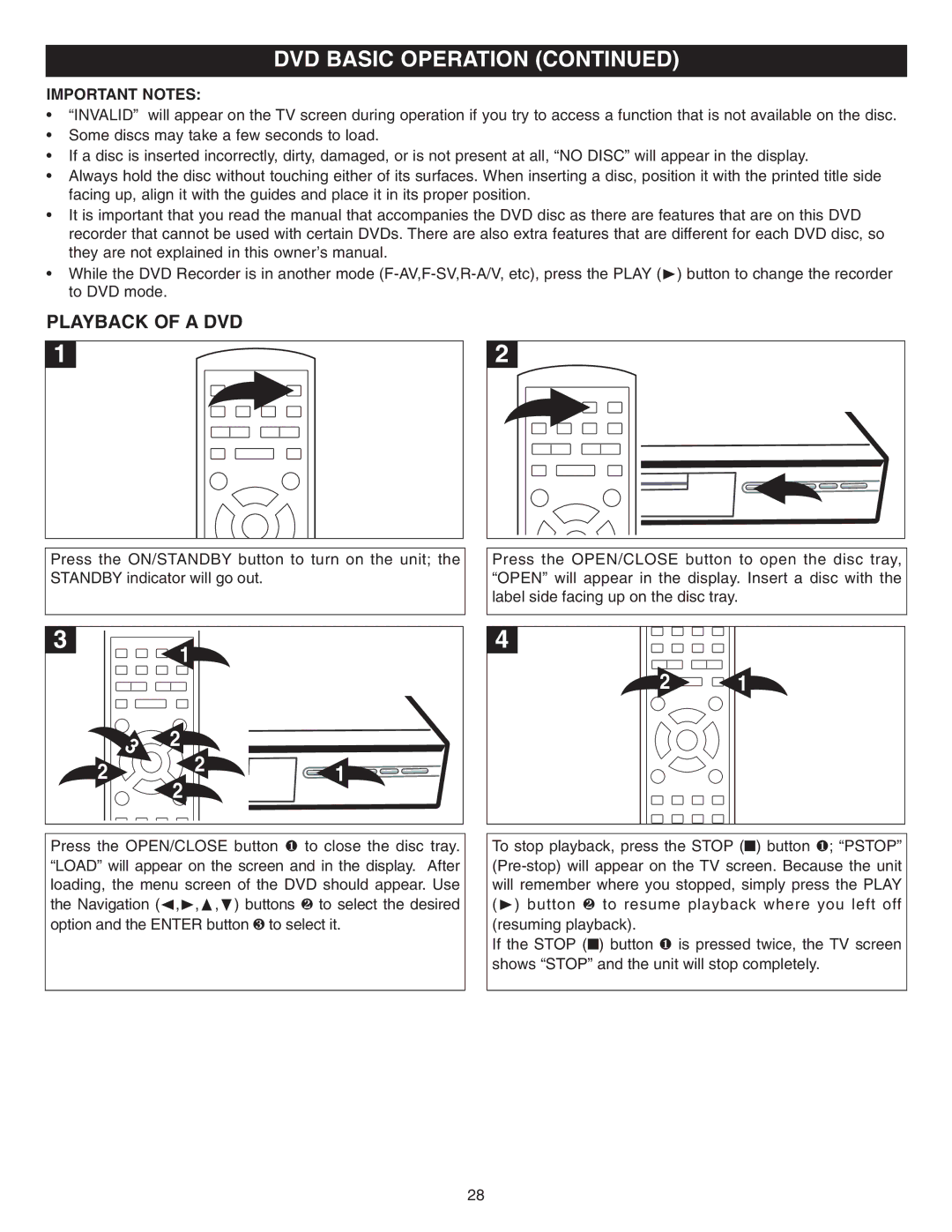 Memorex MVDR2100 manual Playback of a DVD, Important Notes 