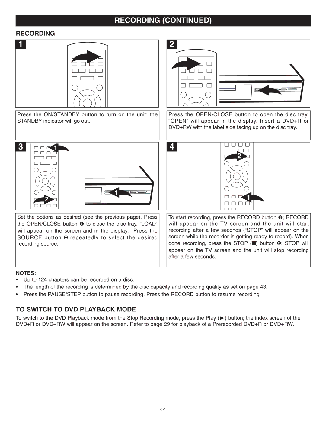 Memorex MVDR2100 manual Recording, To Switch to DVD Playback Mode 