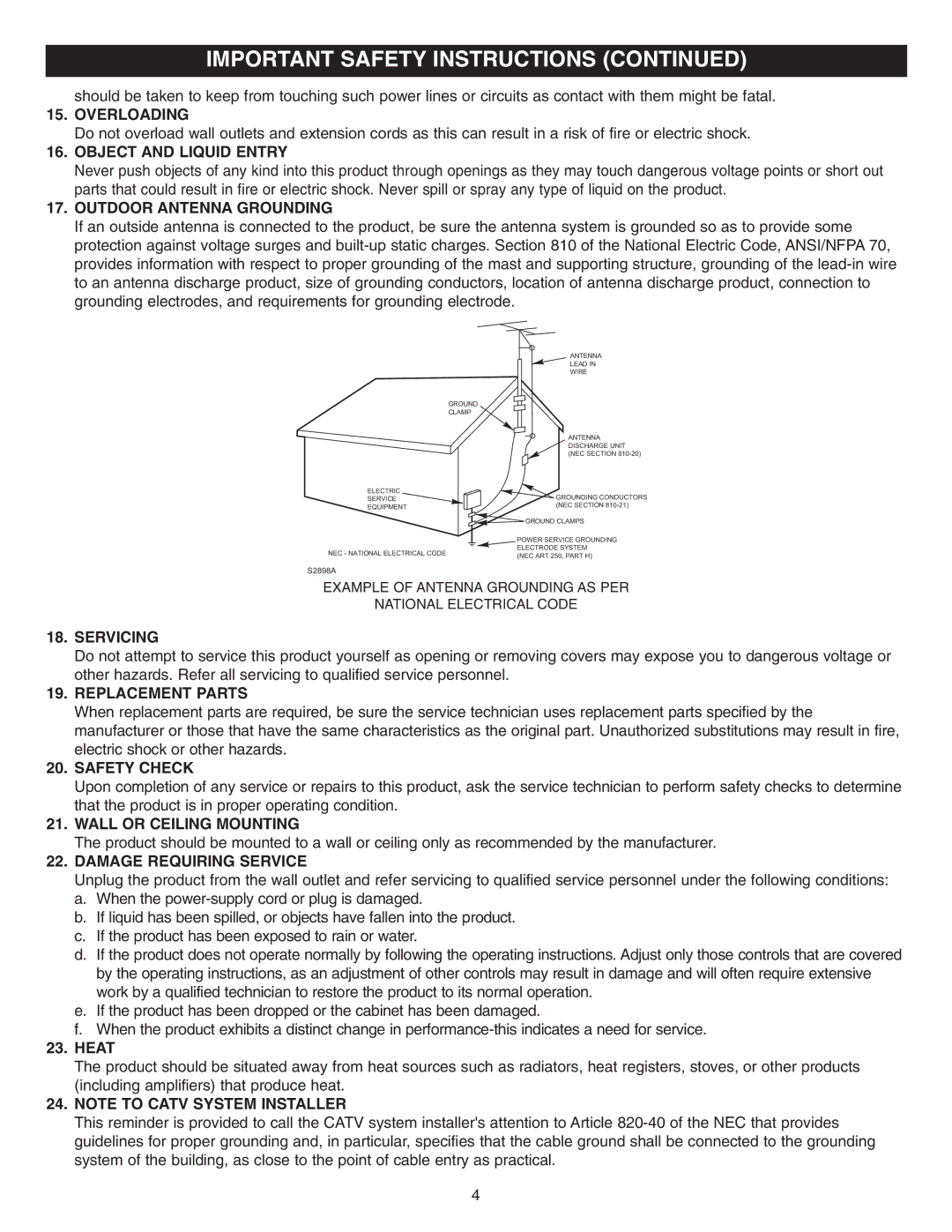 Memorex MVDR2100 manual Overloading, Object and Liquid Entry, Outdoor Antenna Grounding, Servicing, Replacement Parts 