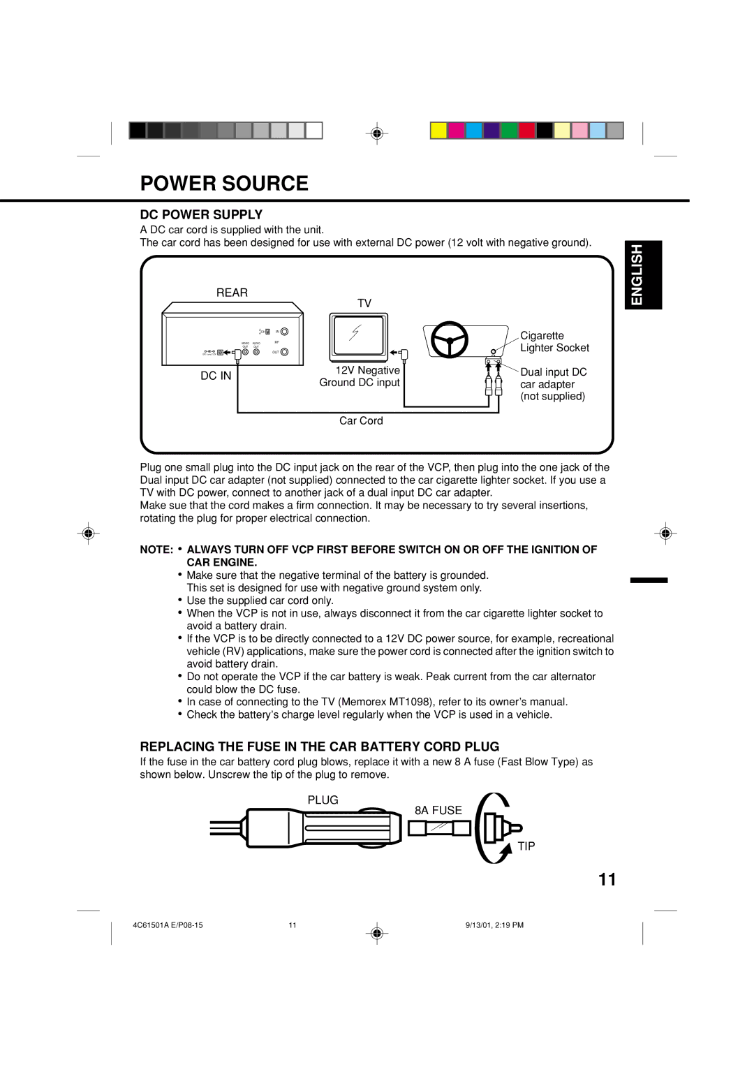 Memorex MVP0028 owner manual Power Source, DC Power Supply, Replacing the Fuse in the CAR Battery Cord Plug, CAR Engine 