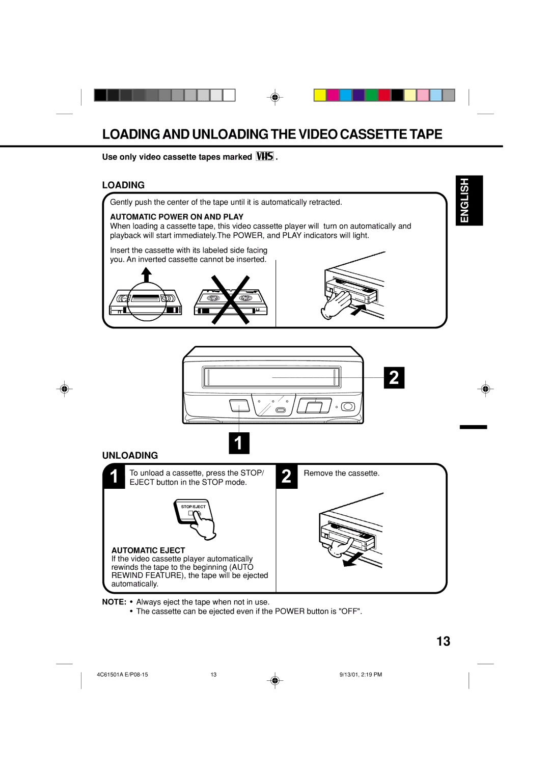 Memorex MVP0028 owner manual Loading, Unloading, Automatic Power on and Play, Automatic Eject 