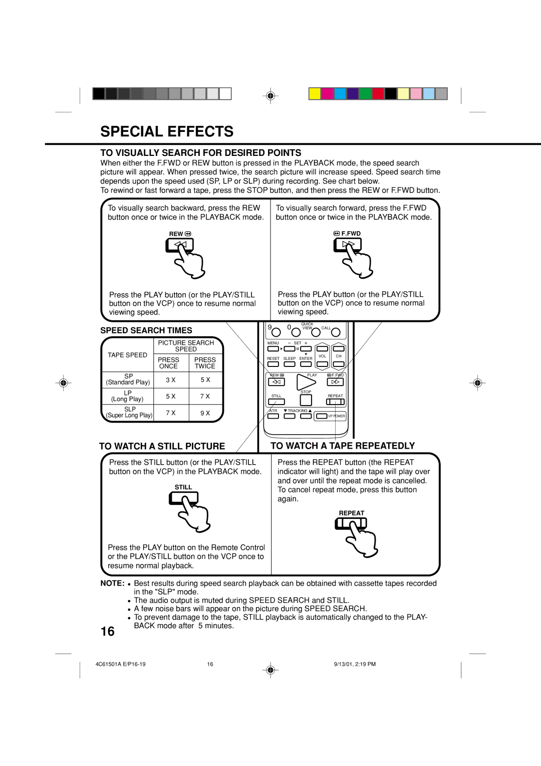 Memorex MVP0028 Special Effects, To Visually Search for Desired Points, To Watch a Still Picture To Watch a TAP Epeatedly 