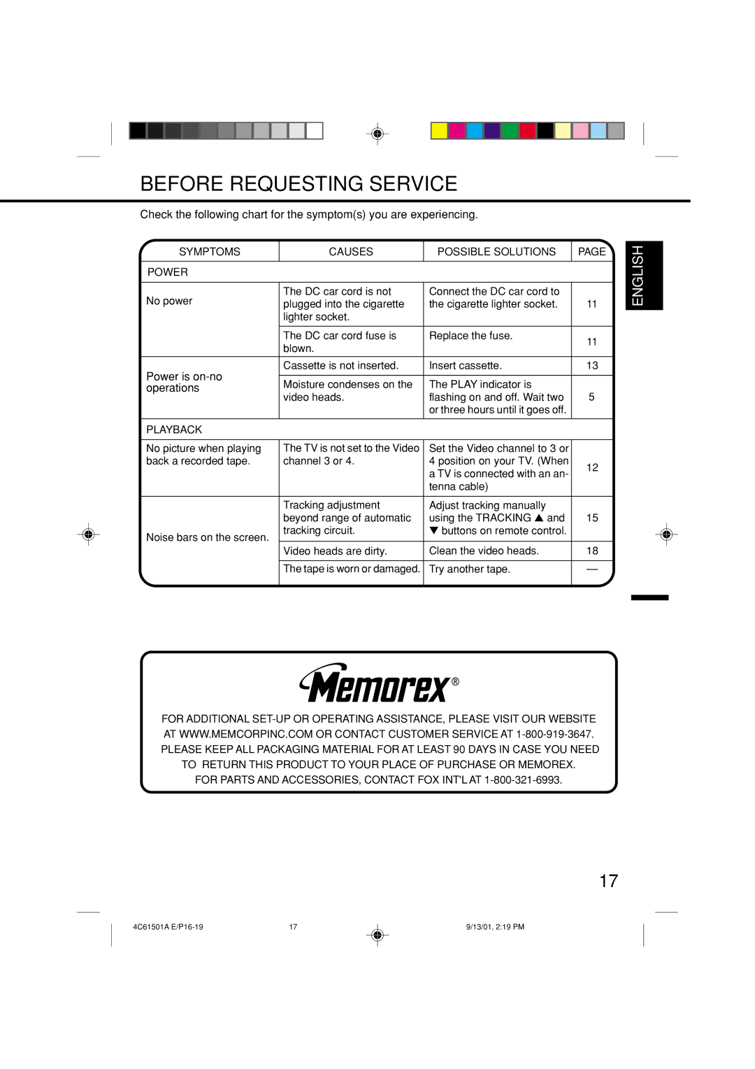 Memorex MVP0028 owner manual Before Requesting Service, Symptoms Causes Possible Solutions Power, Playback 