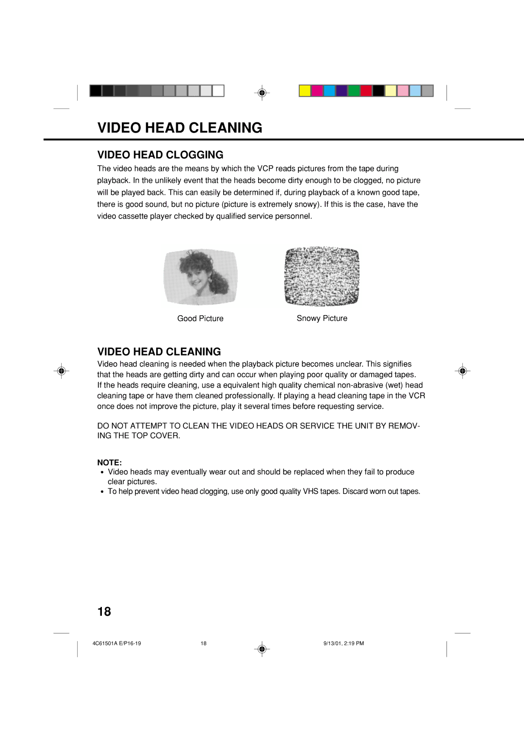 Memorex MVP0028 owner manual Video Head Cleaning, Video Head Clogging 