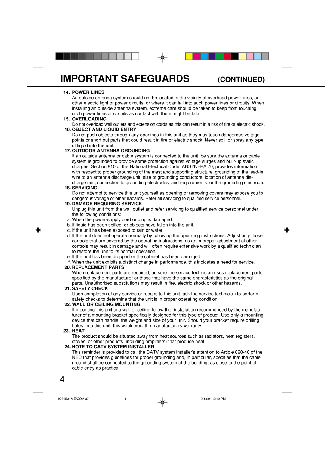 Memorex MVP0028 Power Lines, Overloading, Object and Liquid Entry, Outdoor Antenna Grounding, Servicing, Replacement Parts 