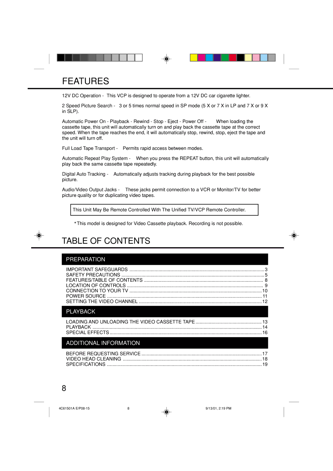 Memorex MVP0028 owner manual Features, Table of Contents 