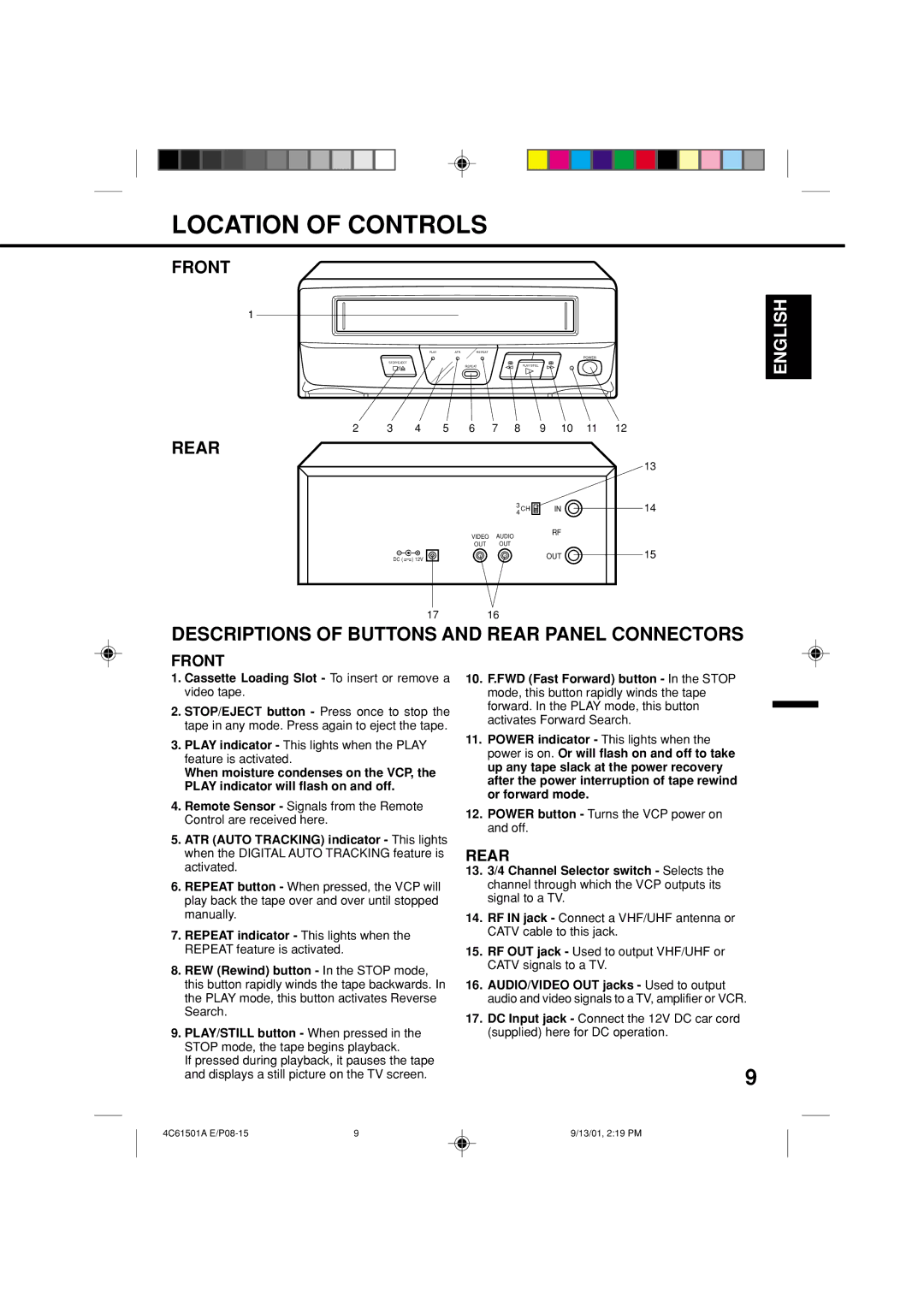 Memorex MVP0028 owner manual Location of Controls, Front, Rear 