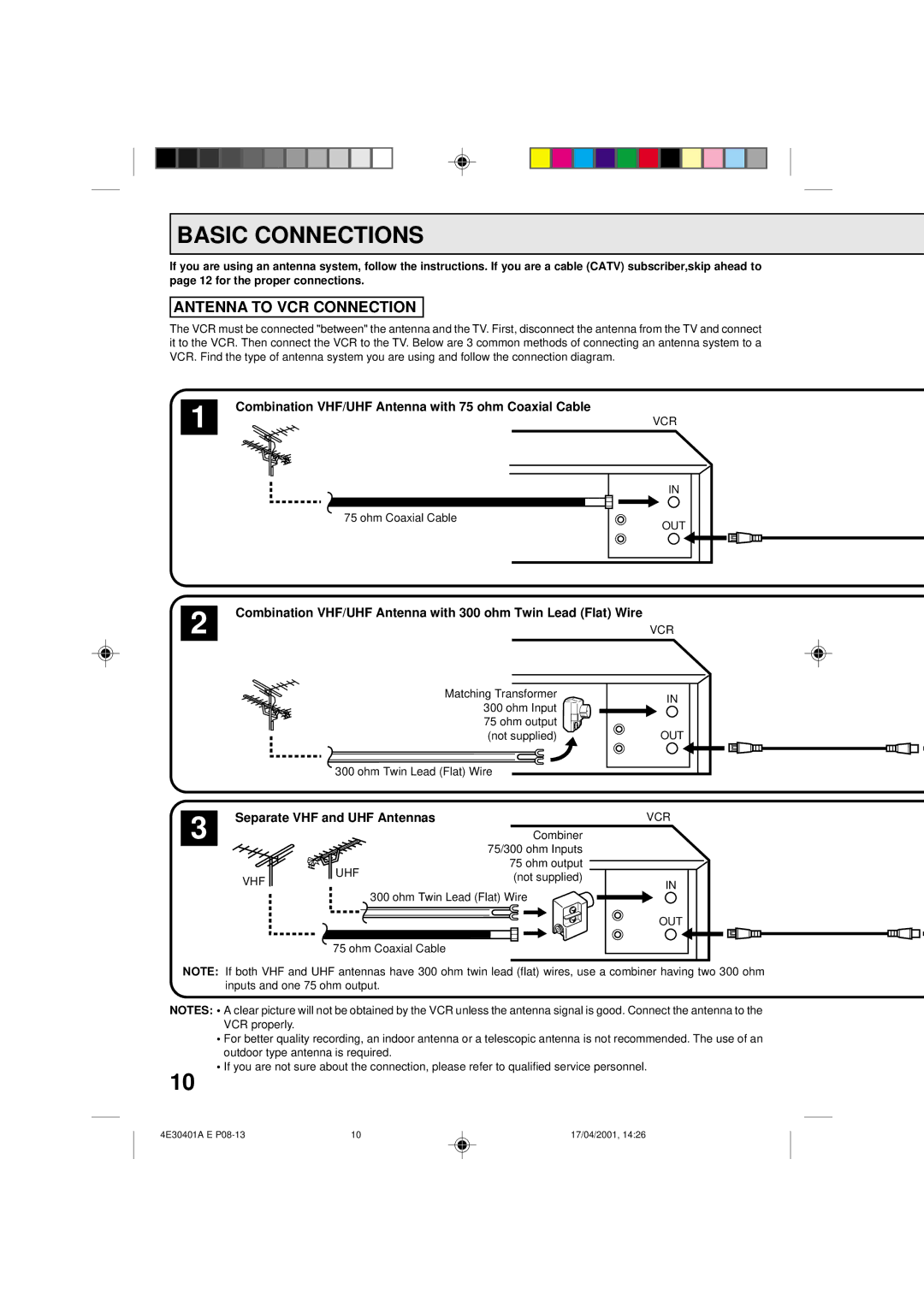 Memorex MVR2040A, MVR041, MVR2041 owner manual Basic Connections, Antenna to VCR Connection, Separate VHF and UHF Antennas 