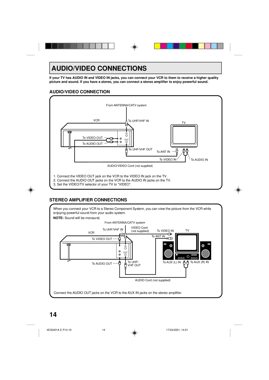 Memorex MVR2041, MVR041, MVR2040A owner manual AUDIO/VIDEO Connections, Stereo Amplifier Connections 