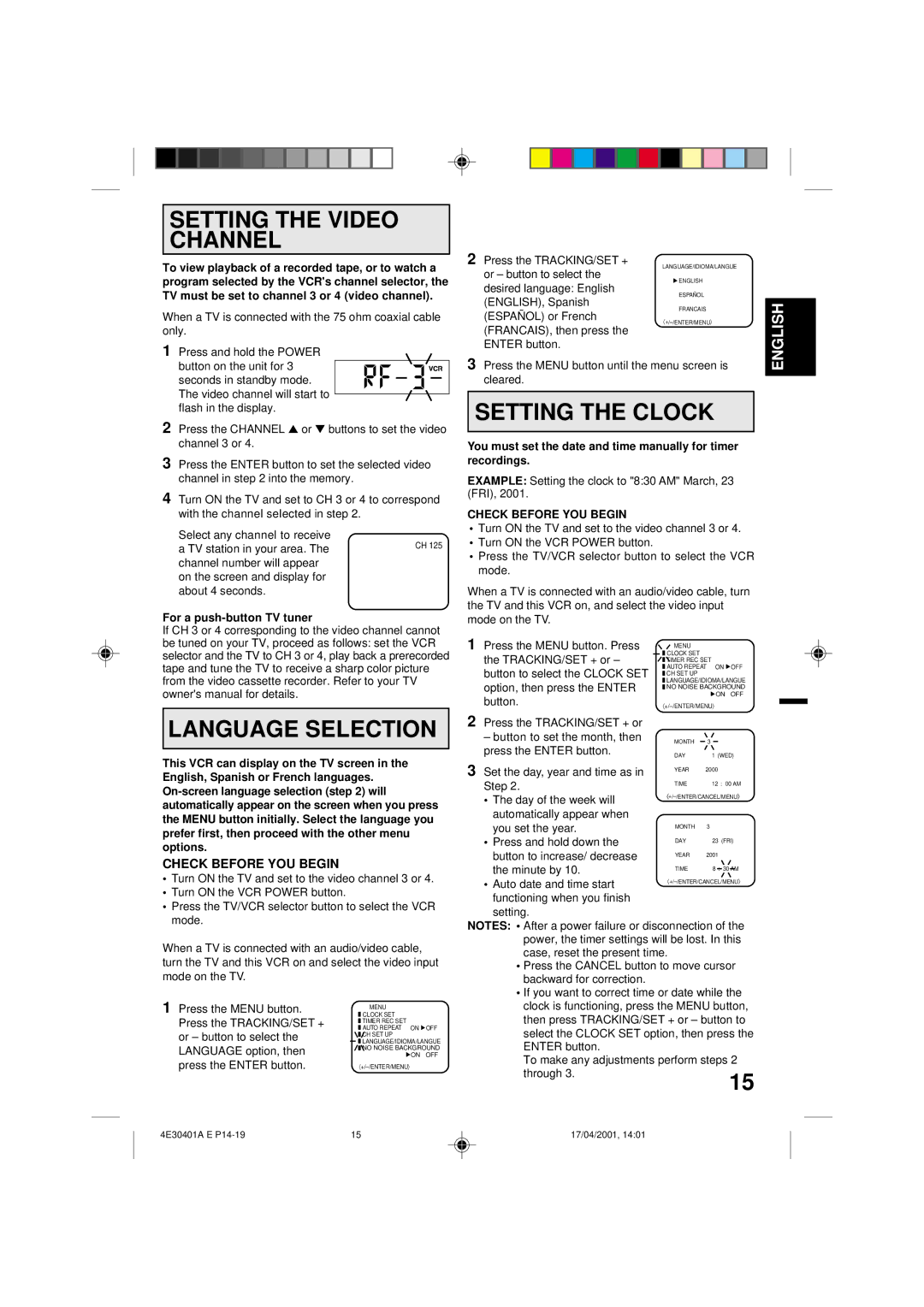 Memorex MVR041, MVR2040A, MVR2041 Setting the Video Channel, Setting the Clock, Language Selection, Check Before YOU Begin 