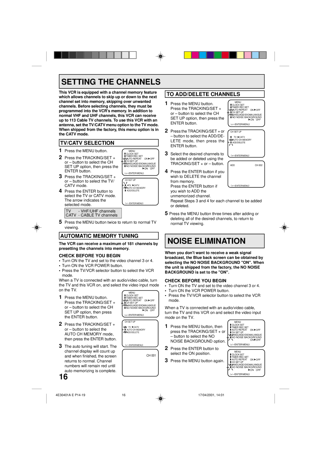 Memorex MVR2040A, MVR041, MVR2041 Setting the Channels, Noise Elimination, To ADD/DELETE Channels, TV/CATV Selection 