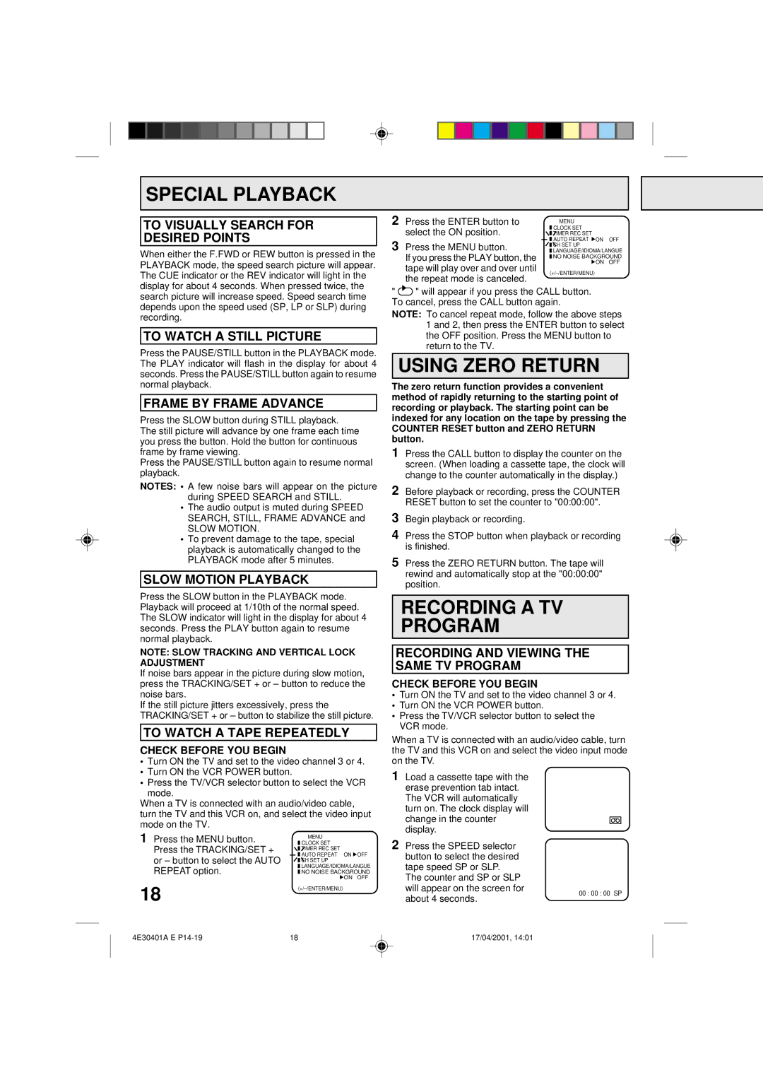 Memorex MVR041, MVR2040A, MVR2041 owner manual Special Playback, Using Zero Return, Recording a TV Program 