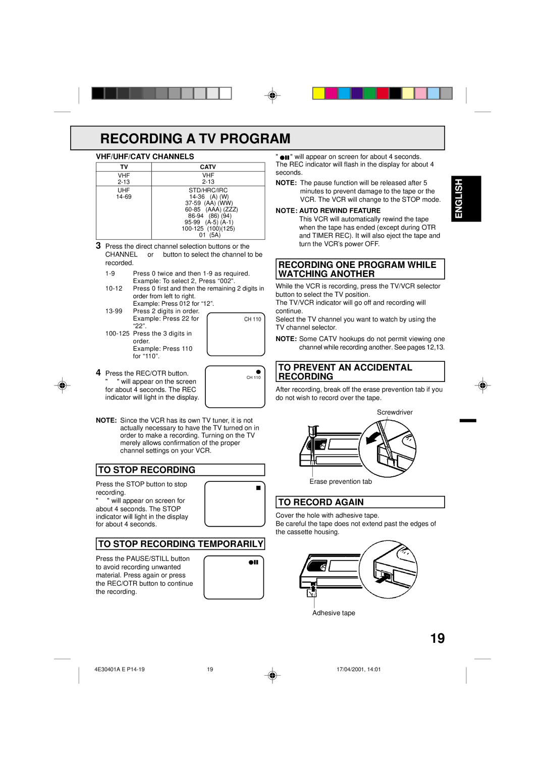 Memorex MVR2040A Recording ONE Program While Watching Another, To Stop Recording, To Prevent AN Accidental Recording 