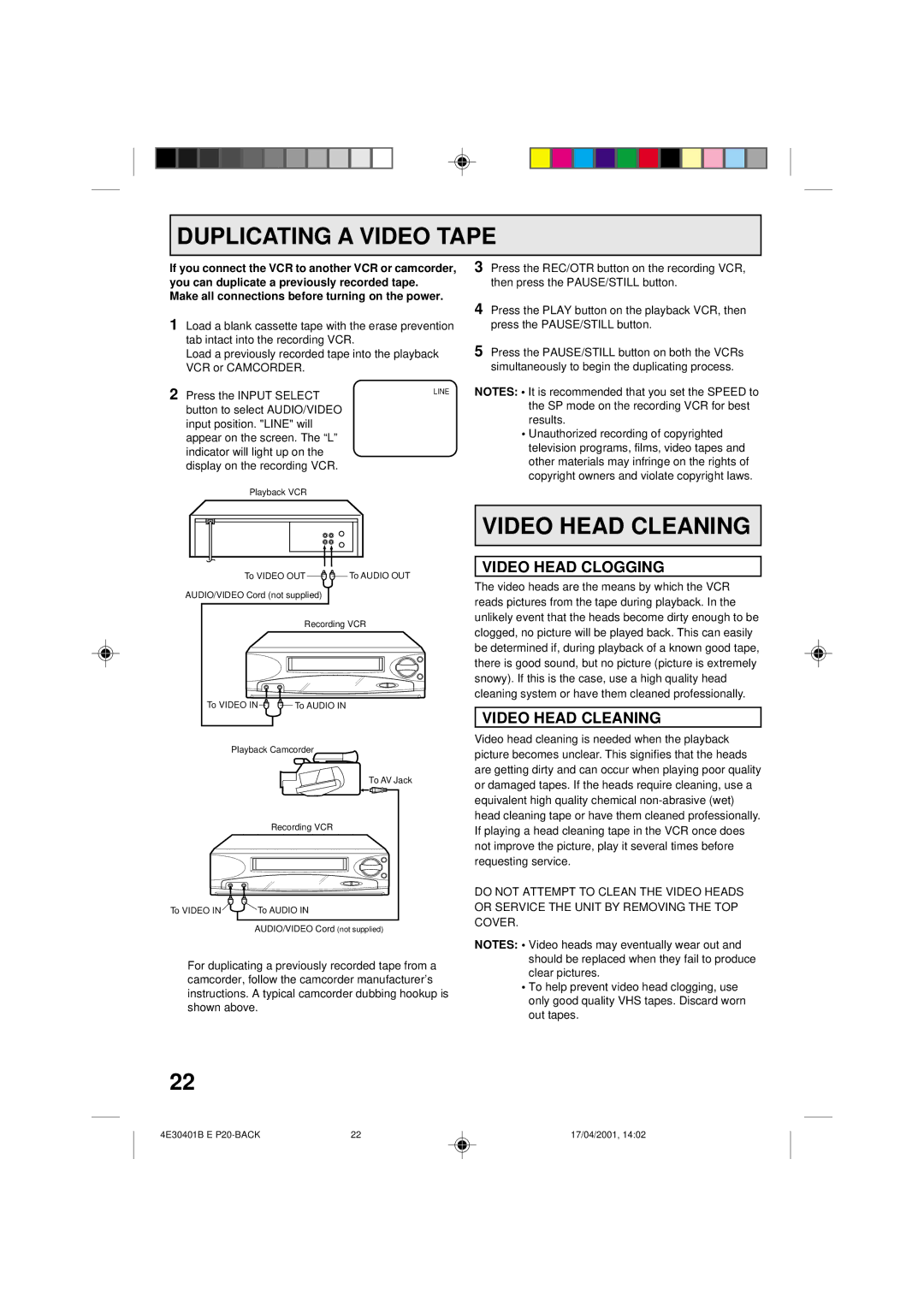 Memorex MVR2040A, MVR041, MVR2041 owner manual Duplicating a Video Tape, Video Head Cleaning, Video Head Clogging 