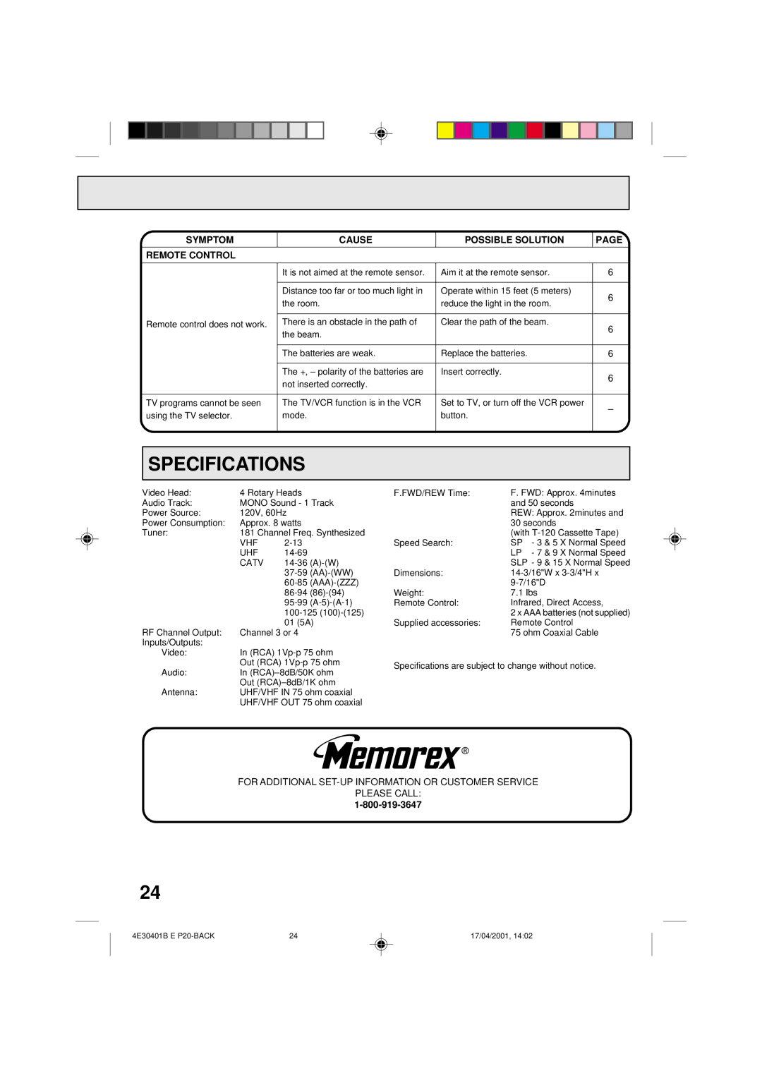 Memorex MVR041, MVR2040A, MVR2041 owner manual Specifications, Symptom Cause Possible Solution Remote Control 