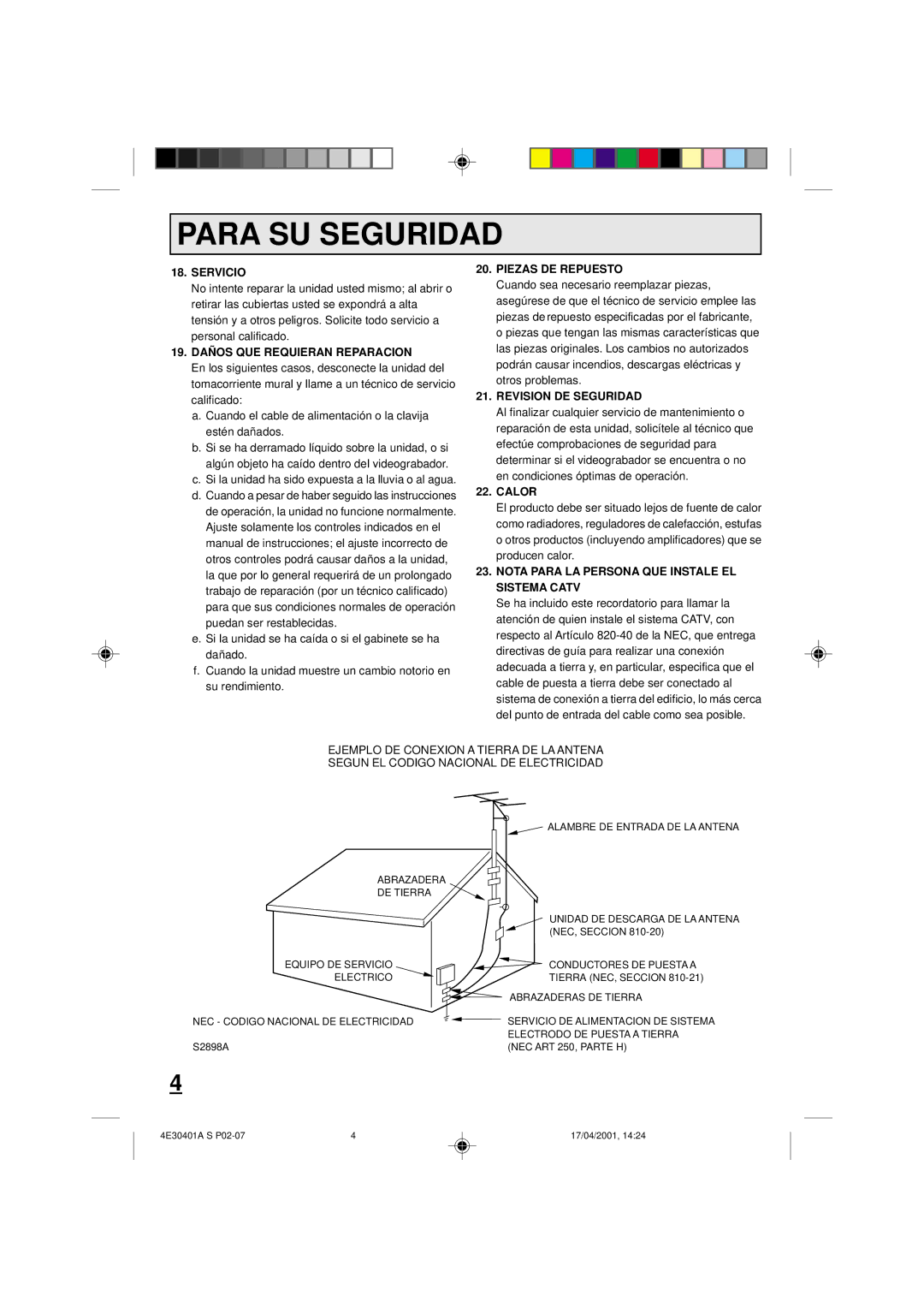 Memorex MVR2040A, MVR041 Servicio, 19. DAÑ OS QUE Requieran Reparacion, Piezas DE Repuesto, Revision DE Seguridad, Calor 