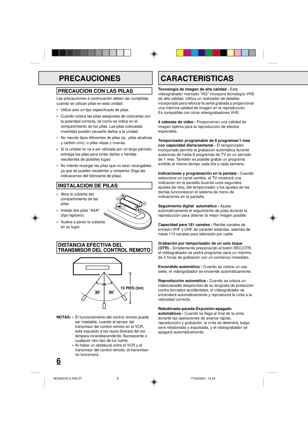 Memorex MVR041, MVR2040A, MVR2041 owner manual Caracteristicas, Precaucion CON LAS Pilas, Instalacion DE Pilas 