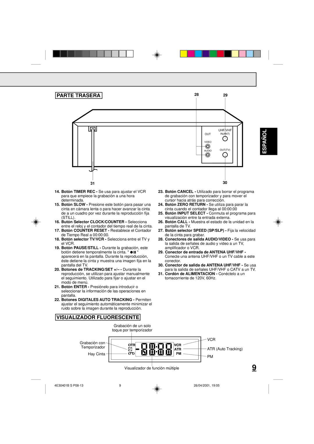 Memorex MVR041, MVR2040A, MVR2041 owner manual Parte Trasera, Visualizador Fluorescente 