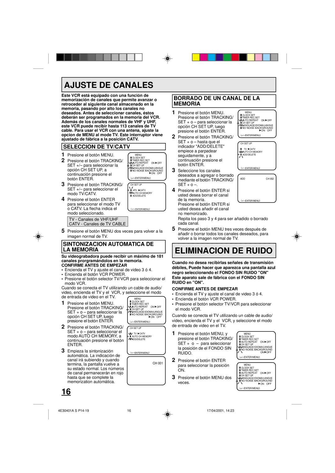 Memorex MVR2040A, MVR041 Ajuste DE Canales, Eliminacion DE Ruido, Borrado DE UN Canal DE LA Memoria, Seleccion DE TV/CATV 