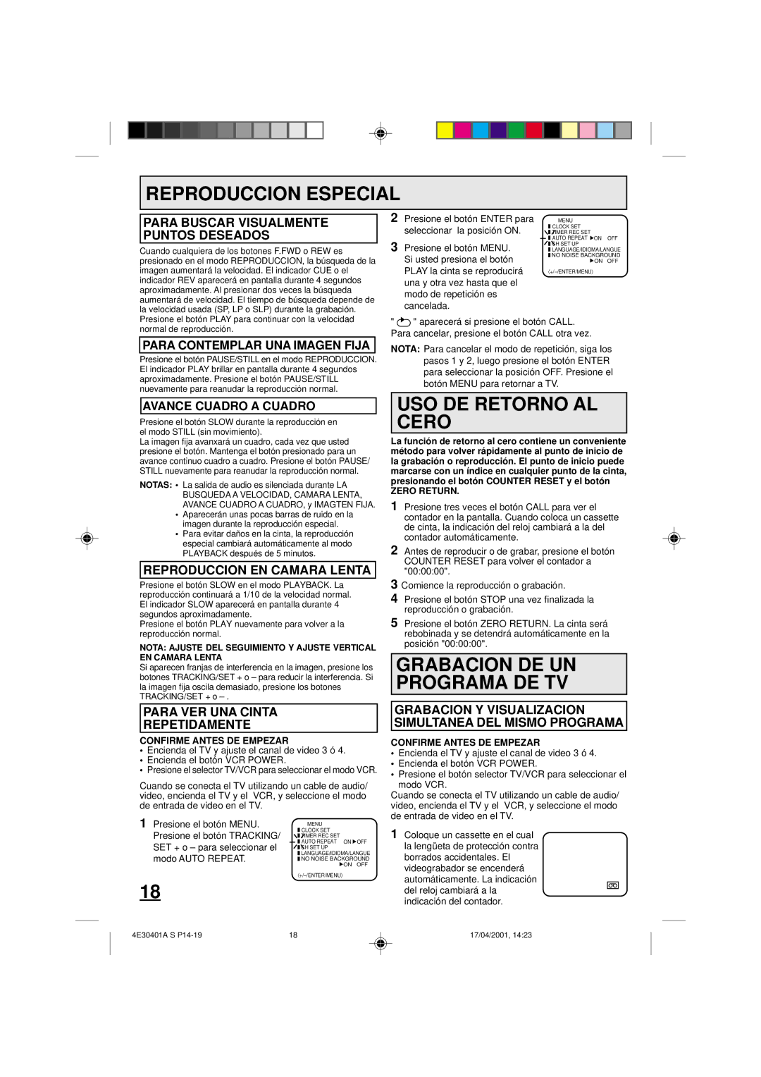 Memorex MVR041, MVR2040A, MVR2041 owner manual Reproduccion Especial, USO DE Retorno AL Cero, Grabacion DE UN Programa DE TV 