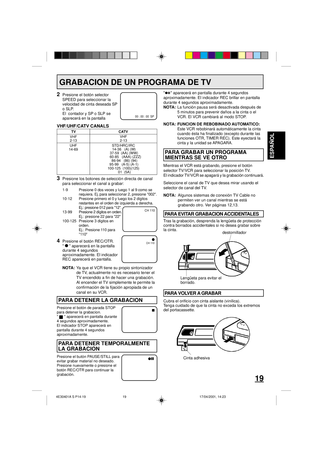 Memorex MVR2040A, MVR041, MVR2041 Para Detener LA Grabacion, Para Detener Temporalmente LA Grabacion, VHF/UHF/CATV Canals 