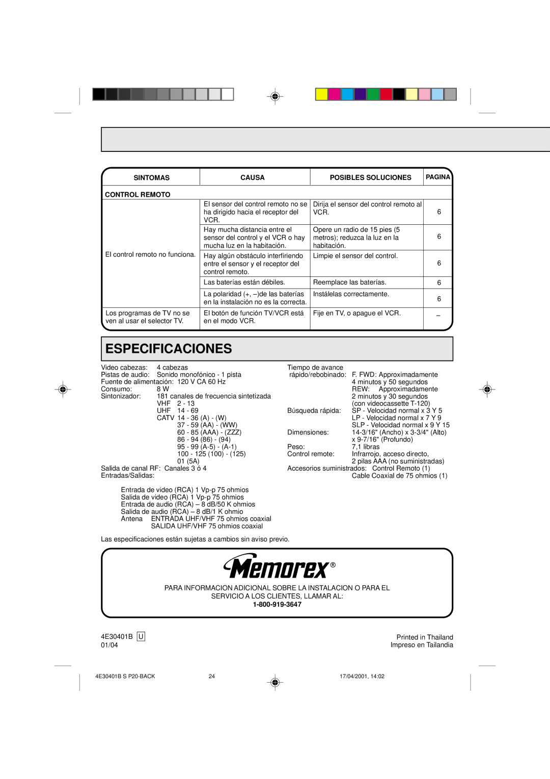 Memorex MVR041, MVR2040A, MVR2041 owner manual Control Remoto 