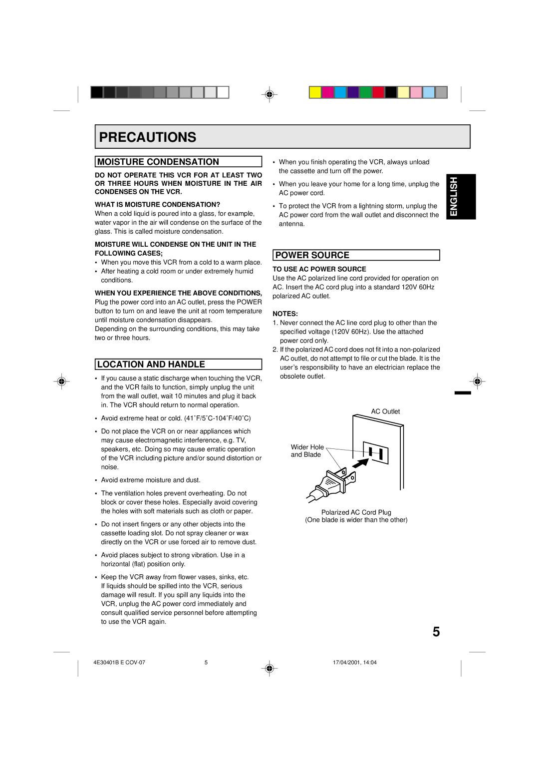 Memorex MVR2041, MVR041, MVR2040A owner manual Precautions, Moisture Condensation, Location and Handle, Power Source 