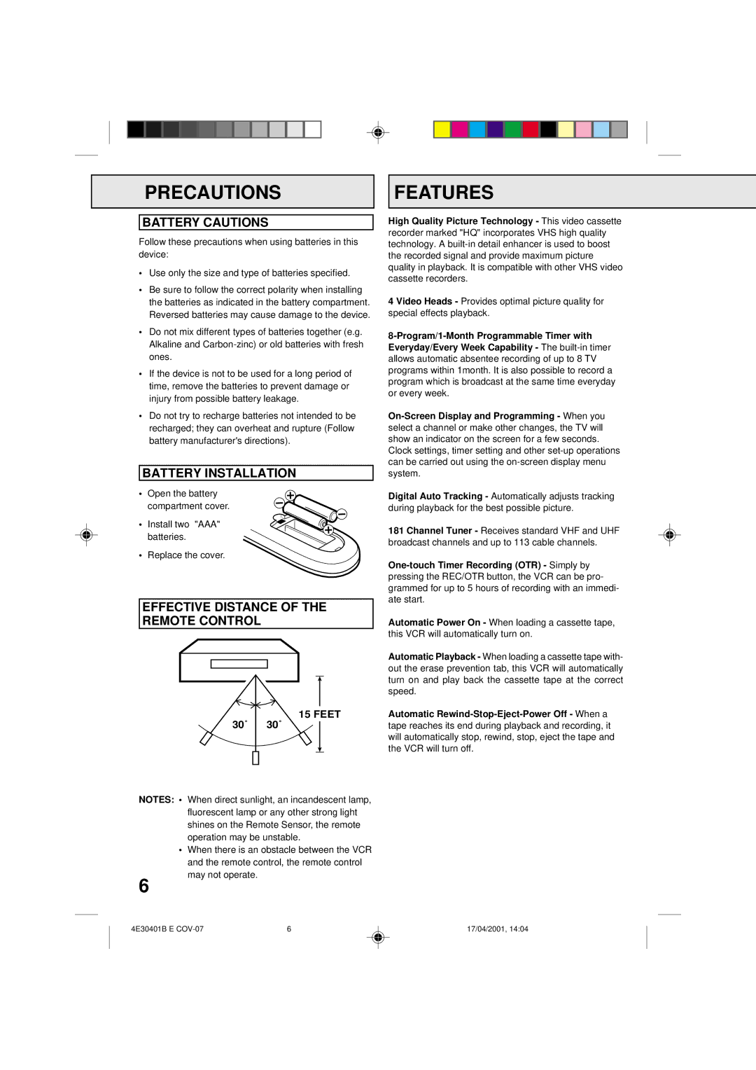 Memorex MVR041 Precautions Features, Battery Cautions, Battery Installation, Effective Distance of the Remote Control 