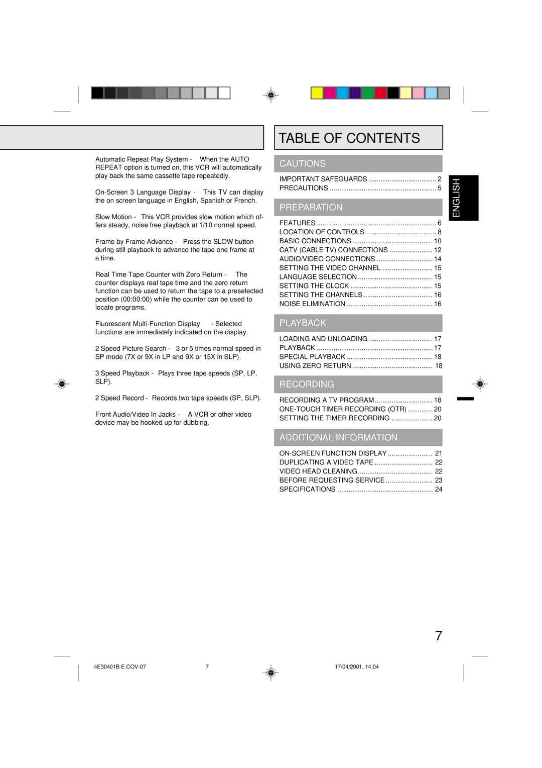 Memorex MVR2040A, MVR041, MVR2041 owner manual Table of Contents 