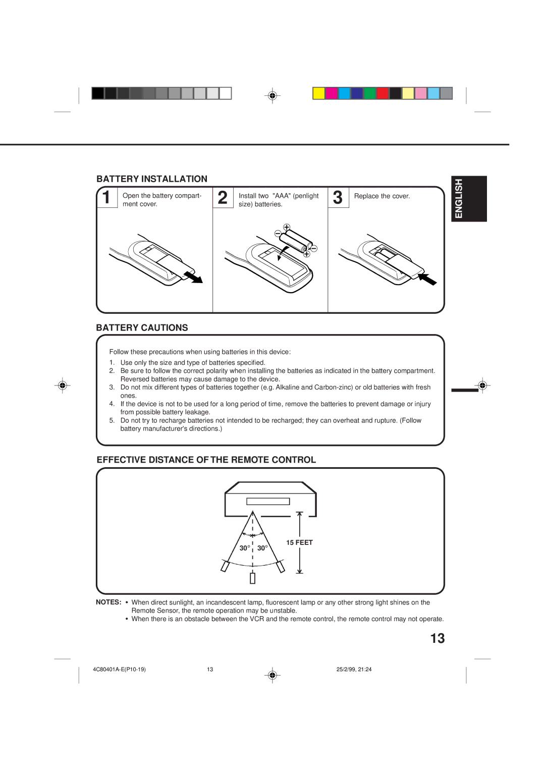 Memorex MVR2040-A owner manual Battery Installation, Battery Cautions, Effective Distance of the Remote Control, Feet 