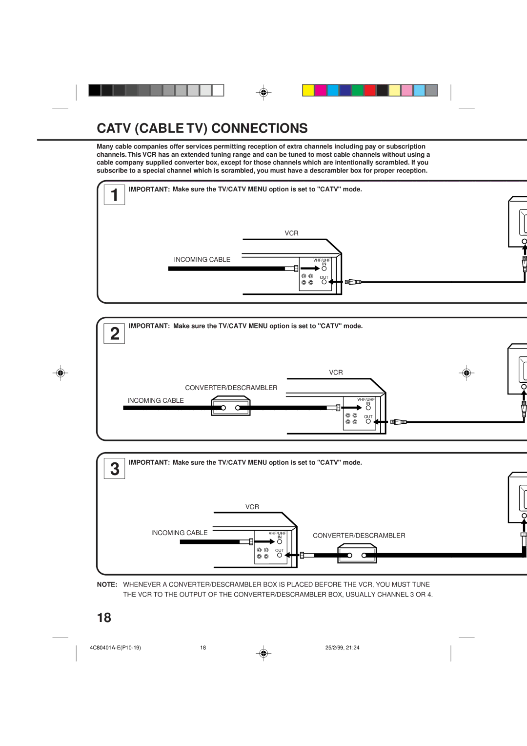 Memorex MVR2040-A owner manual Catv Cable TV Connections, VCR Incoming Cable 