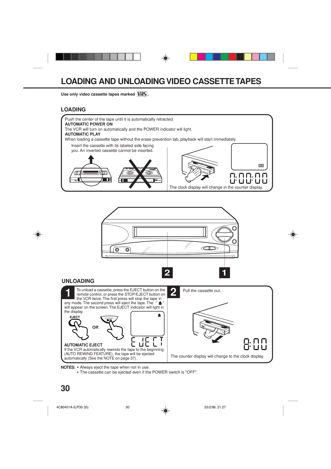 Memorex MVR2040-A owner manual Loading and Unloading Video Cassette Tapes 