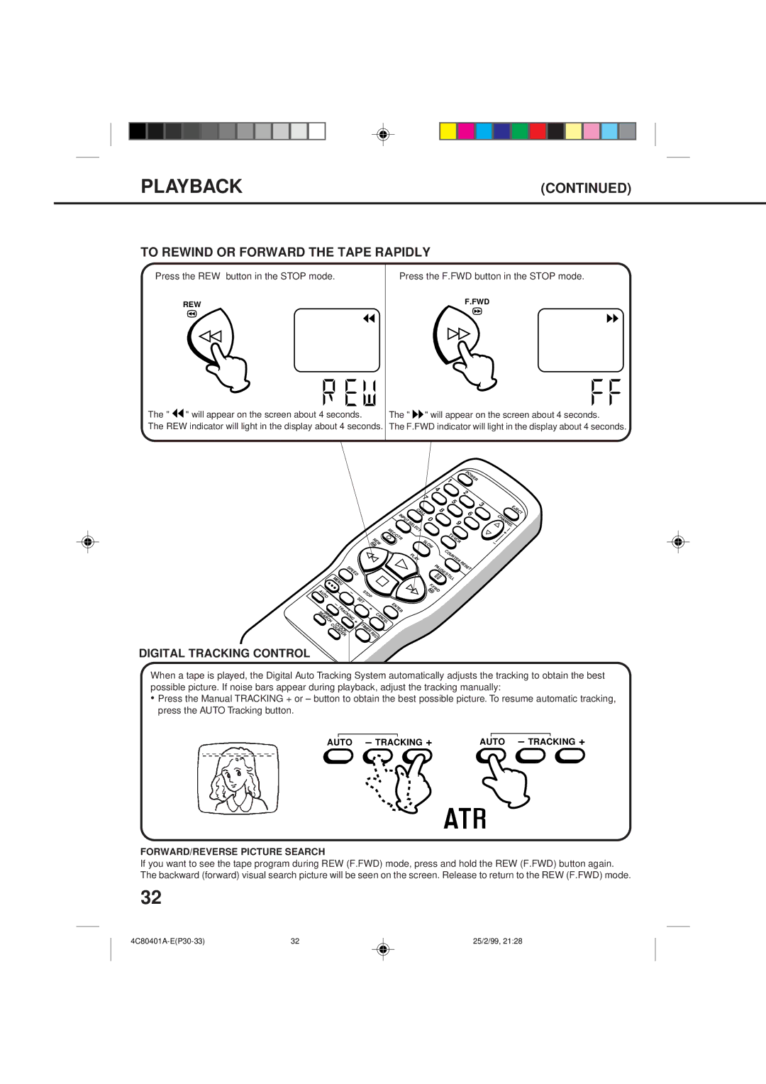 Memorex MVR2040-A owner manual Playback, To Rewind or Forward the Tape Rapidly, FORWARD/REVERSE Picture Search 