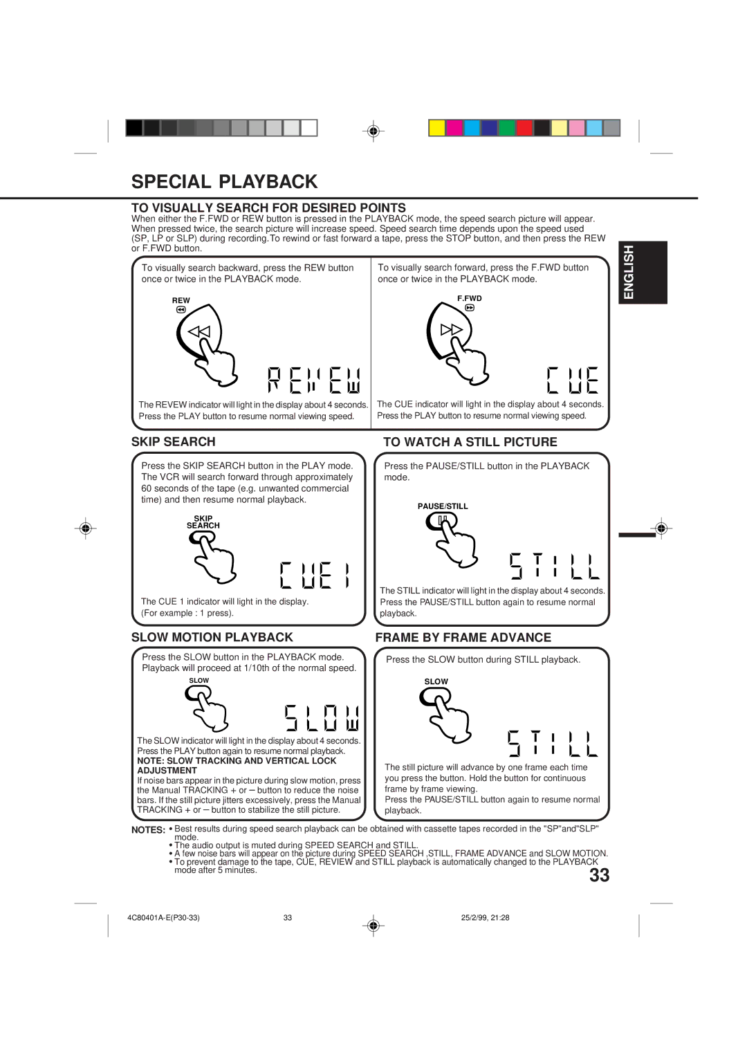 Memorex MVR2040-A Special Playback, To Visually Search for Desired Points, Skip Search, To Watch a Still Picture 