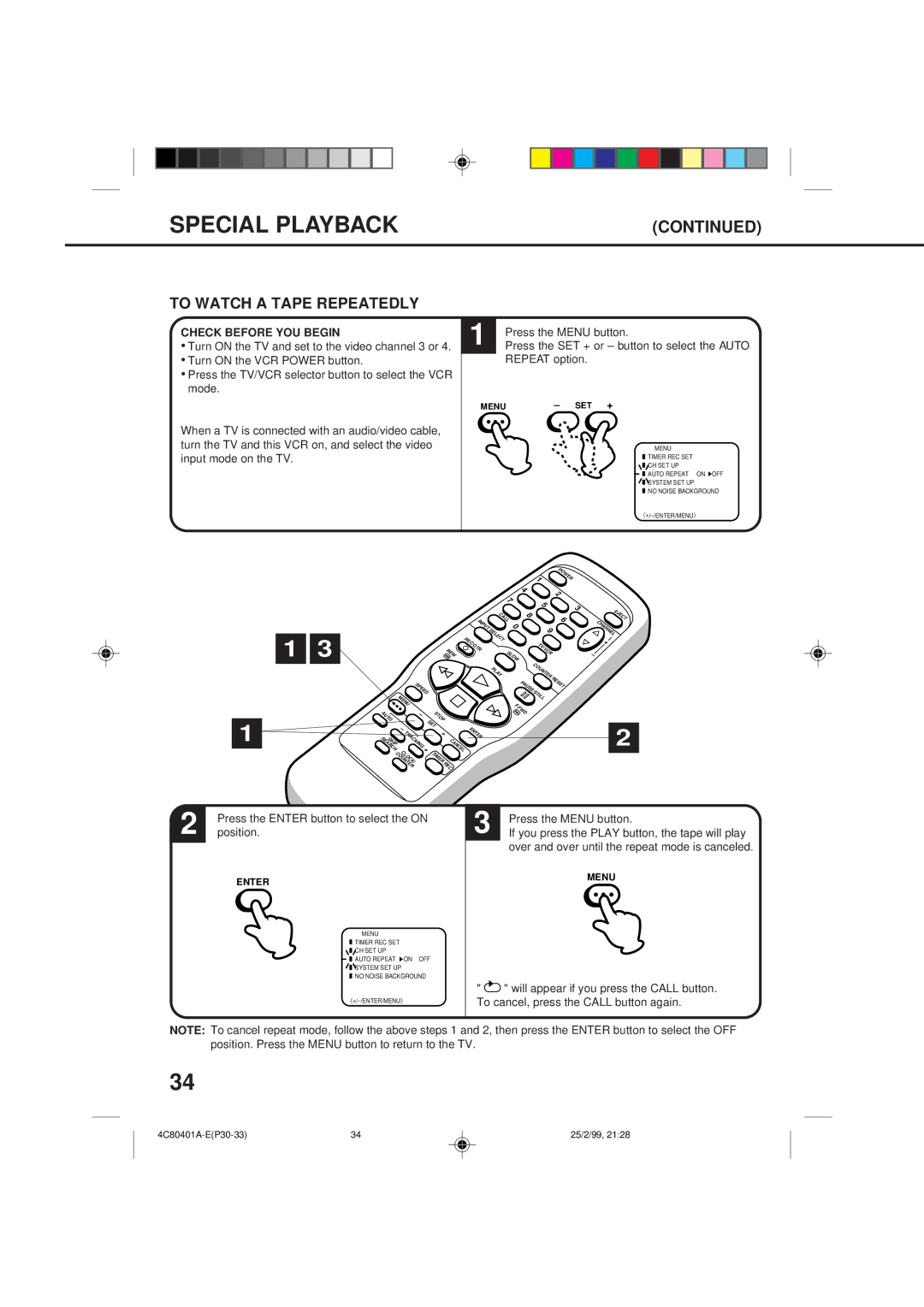 Memorex MVR2040-A To Watch a Tape Repeatedly, Repeat option, Position, Over and over until the repeat mode is canceled 